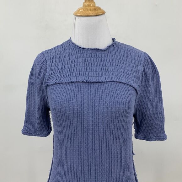 We the Free People Smocked Blouse Womens S Small Blue Jay Textured Curved Hem - Picture 4 of 11